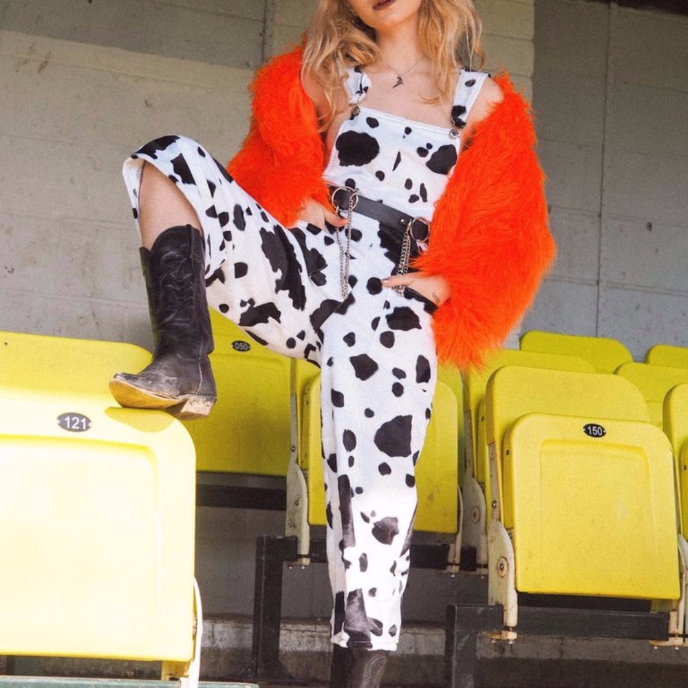 DESERT FOX Cow Print Faux Fur Wide Leg Dungarees